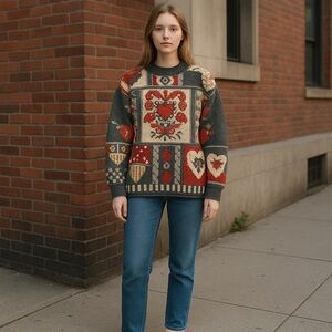 Woolf Vintage‎ Enchanted Ornate Pullover Sweater OS Fits XS-L Artsy Cabin Fall